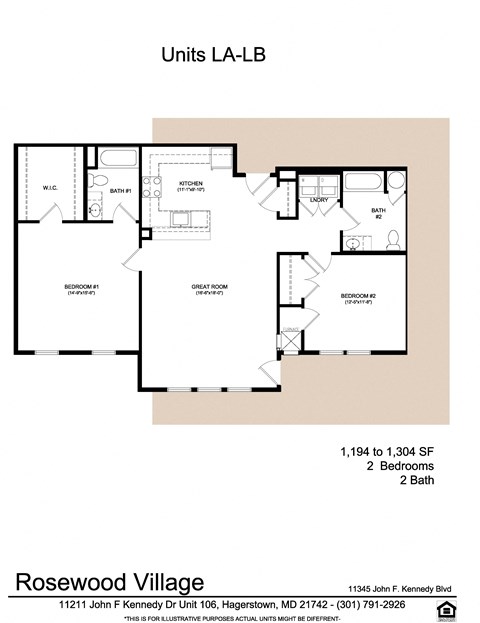 2 Bed 2 Bath Floor Plan at Rosewood Village, Maryland, 21742